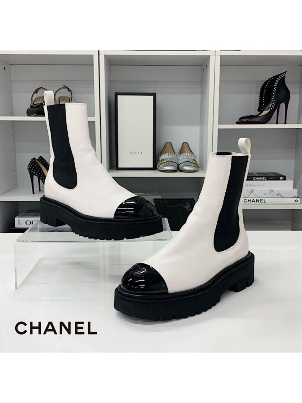 Chanel CC Logo Leather Patent Side Gore Short Boots White